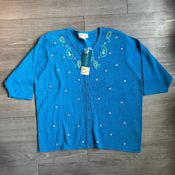 Vintage NWT Cerulean Blue Knit Short Sleeve Paisley Embroidered Cardigan Size 2X - Picture 1 of 5